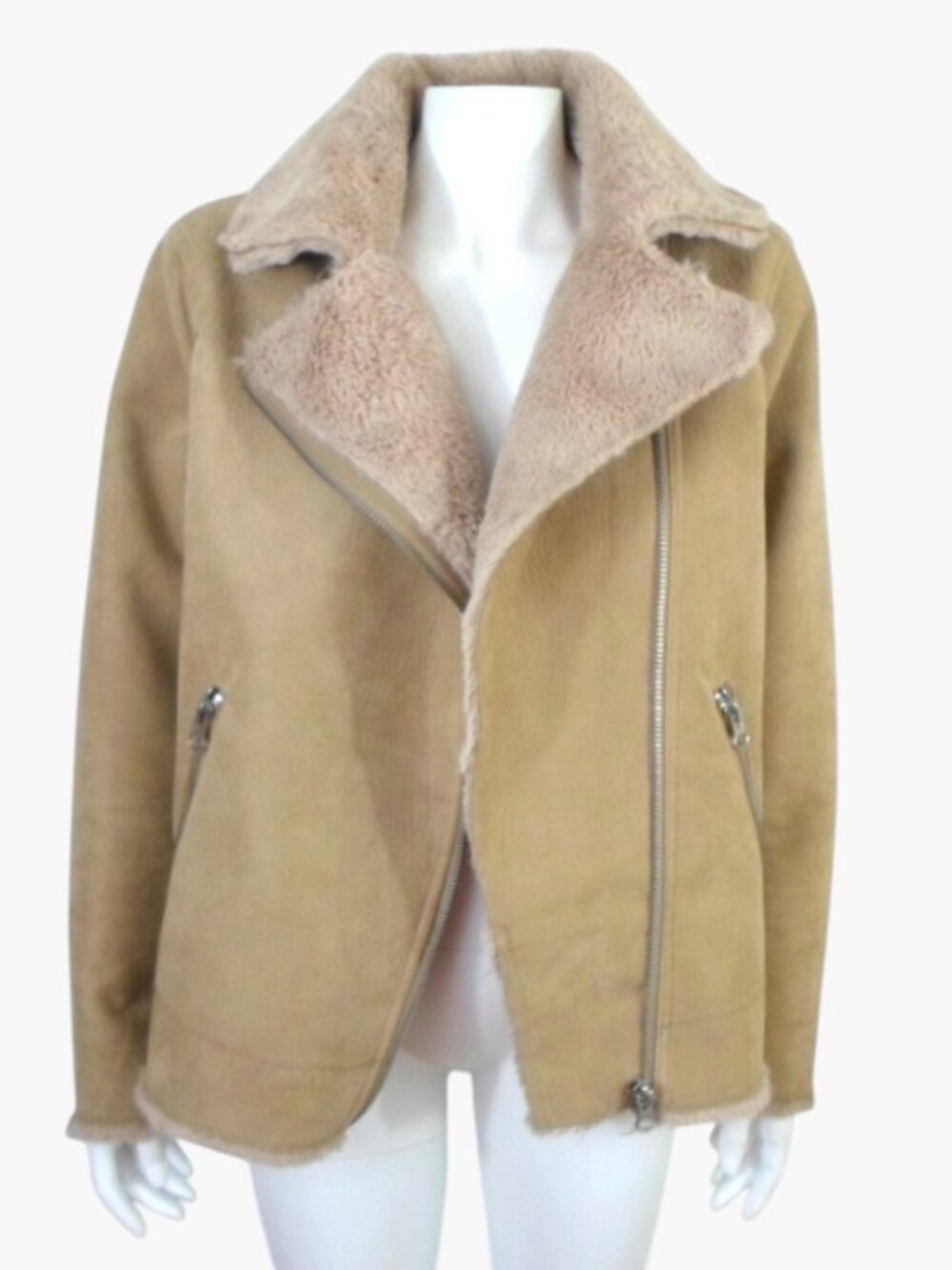 H&M Divided Tan Faux Suede Shearling Asymmetric Zip Moto Jacket Womens XL